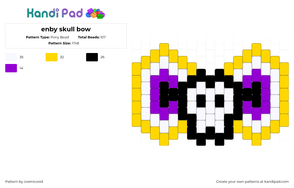 enby skull bow - Pony Bead Pattern by cosmicvoid on Kandi Pad - yellow,purple