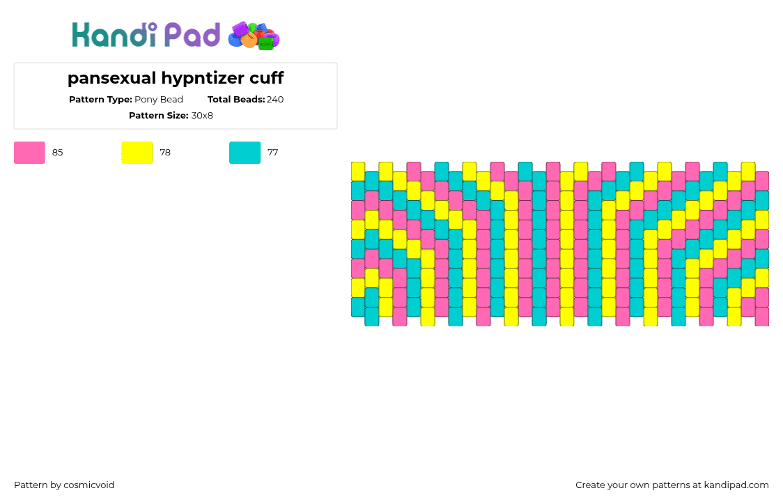 pansexual hypntizer cuff - Pony Bead Pattern by cosmicvoid on Kandi Pad - pansexual,pride,stripes,hypnotic,cuff,bright,yellow,pink,teal