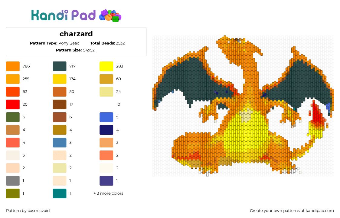 charzard - Pony Bead Pattern by cosmicvoid on Kandi Pad - charizard,pokemon,evolution,charmander,character,gaming,dragon,fiery,orange,yellow,green