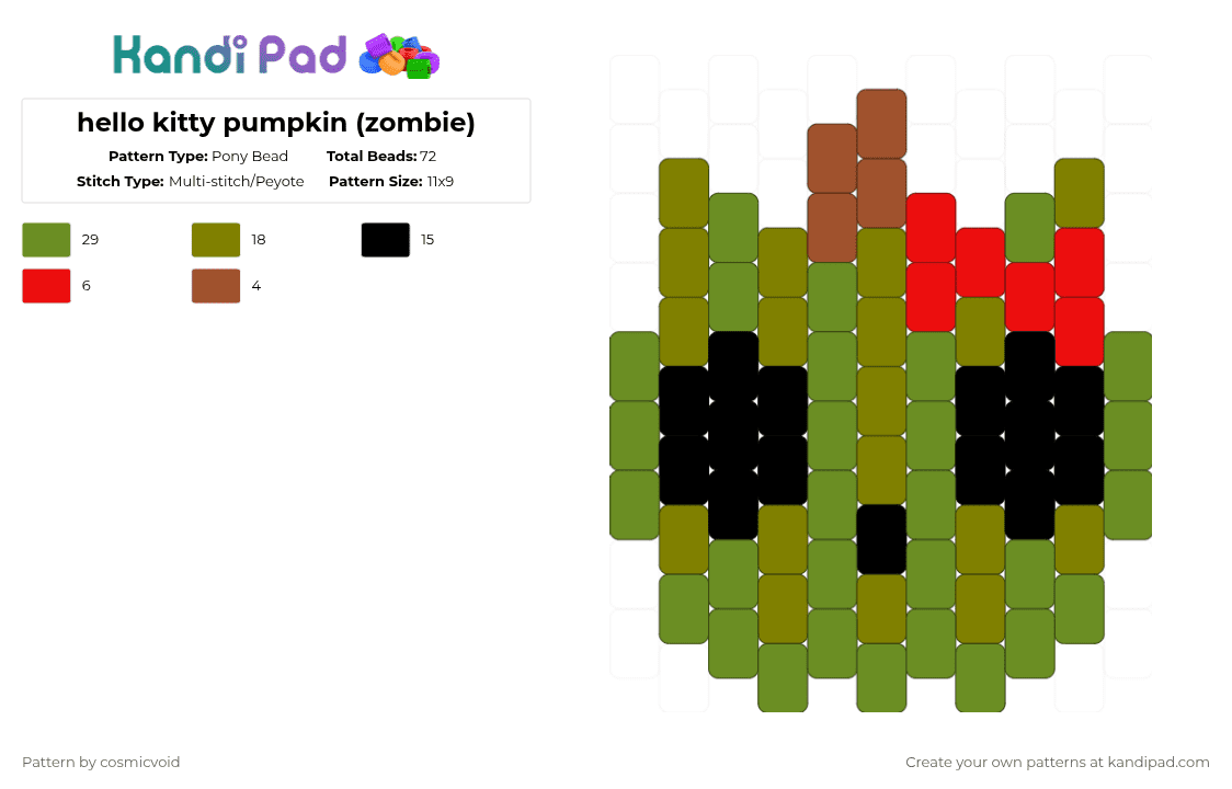 hello kitty pumpkin (zombie) - Pony Bead Pattern by cosmicvoid on Kandi Pad - green