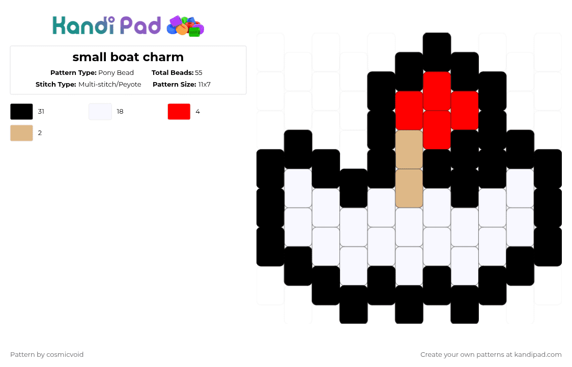 small boat charm - Pony Bead Pattern by cosmicvoid on Kandi Pad - black,white,beige,red,cotdboating