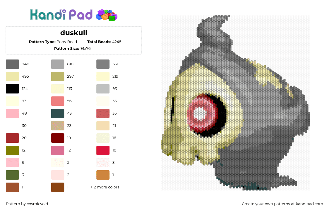 duskull - Pony Bead Pattern by cosmicvoid on Kandi Pad - duskull,pokemon,gaming,character,spooky,gray,beige
