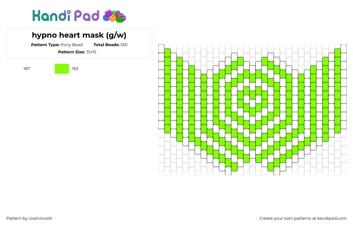 hypno heart mask (g/w) - Pony Bead Pattern by cosmicvoid on Kandi Pad - hypnotic,heart,neon,stripes,mask,trippy,white,green