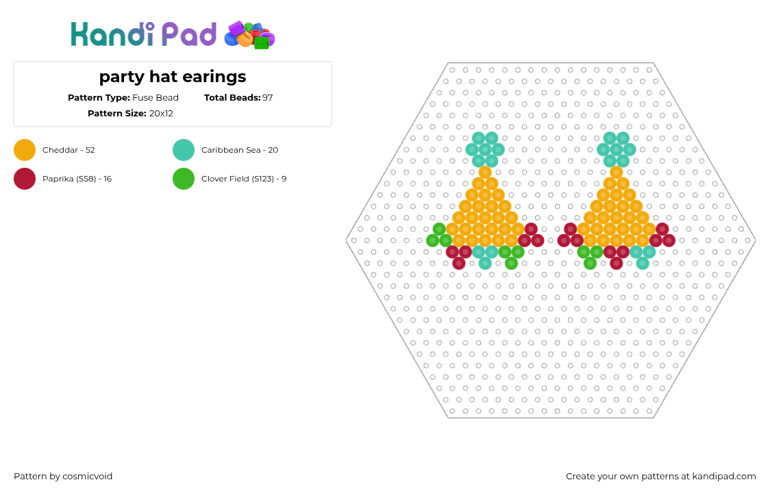 party hat earings - Fuse Bead Pattern by cosmicvoid on Kandi Pad - hat,earrings,party,clown,yellow,teal