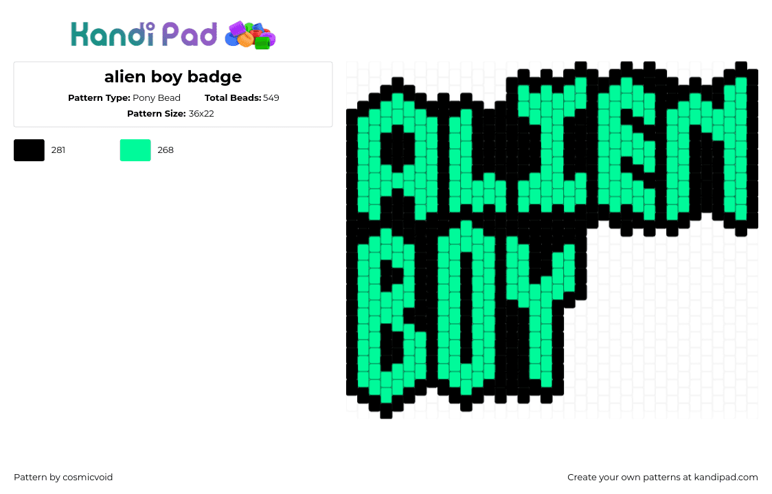 alien boy badge - Pony Bead Pattern by cosmicvoid on Kandi Pad - alien boy,graffiti,text,sign,neon,green,black