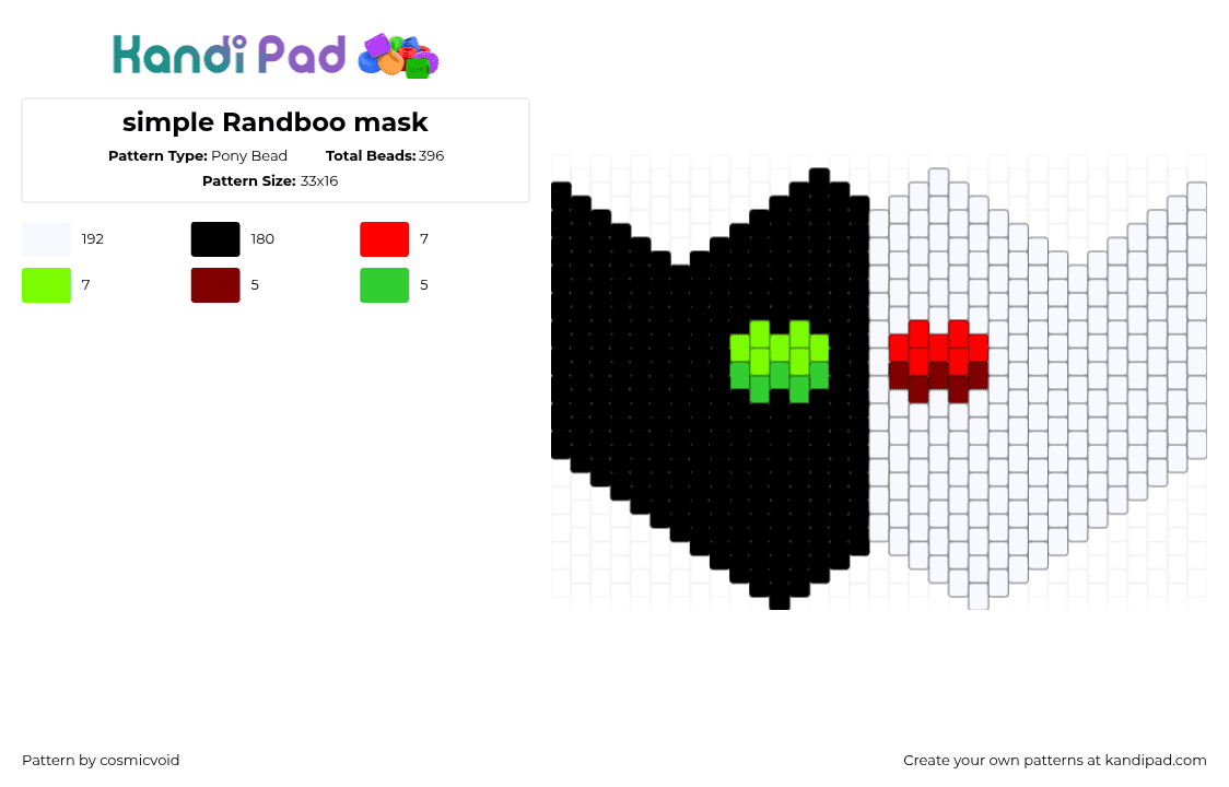 simple Randboo mask - Pony Bead Pattern by cosmicvoid on Kandi Pad - white,green
