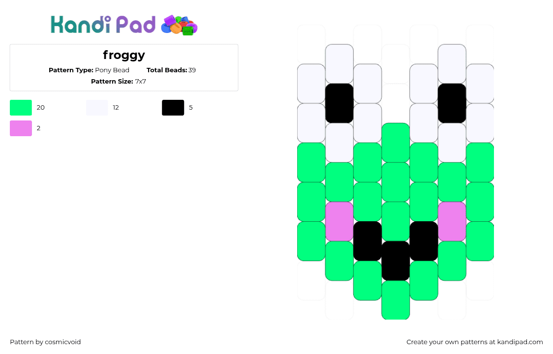 froggy - Pony Bead Pattern by cosmicvoid on Kandi Pad - frog,amphibian,keroppi,animal,head,cute,green,white