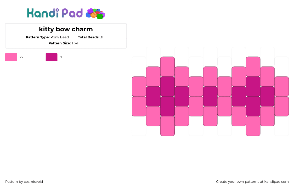 kitty bow charm - Pony Bead Pattern by cosmicvoid on Kandi Pad - bow,hello kitty,clothing,simple,charm,pink