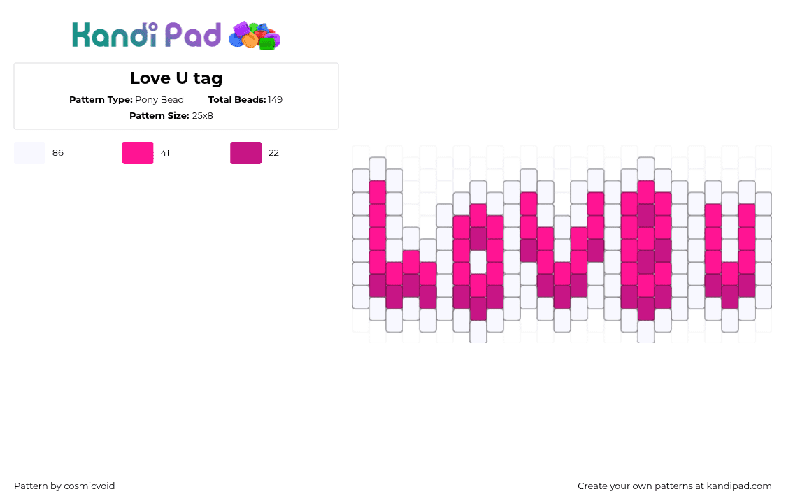 Love U tag - Pony Bead Pattern by cosmicvoid on Kandi Pad - pink,white