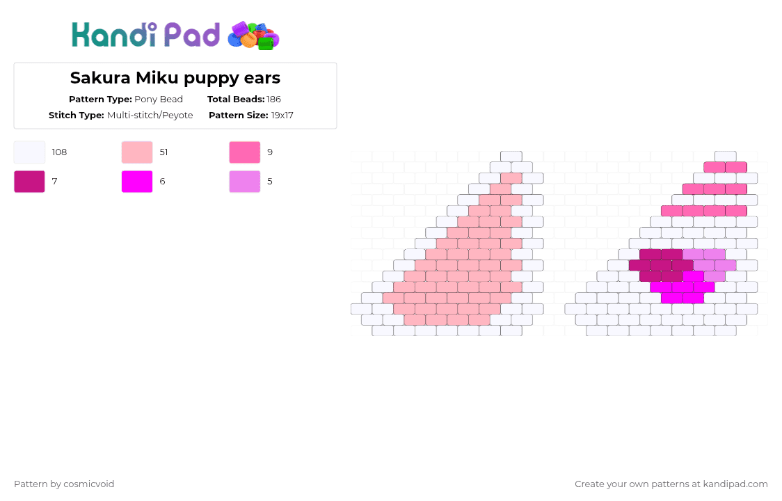 Sakura Miku puppy ears - Pony Bead Pattern by cosmicvoid on Kandi Pad - white,pink,puppy ears,ears