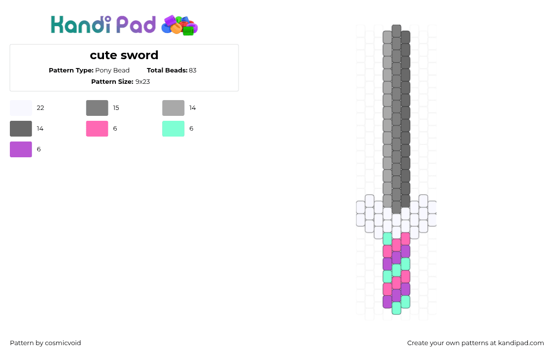 cute sword - Pony Bead Pattern by cosmicvoid on Kandi Pad - sword,weapon,charm,gray,purple