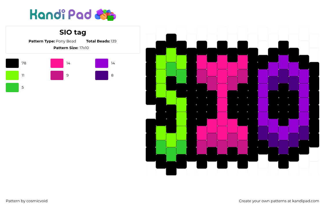 SIO tag - Pony Bead Pattern by cosmicvoid on Kandi Pad - black,pink,purple