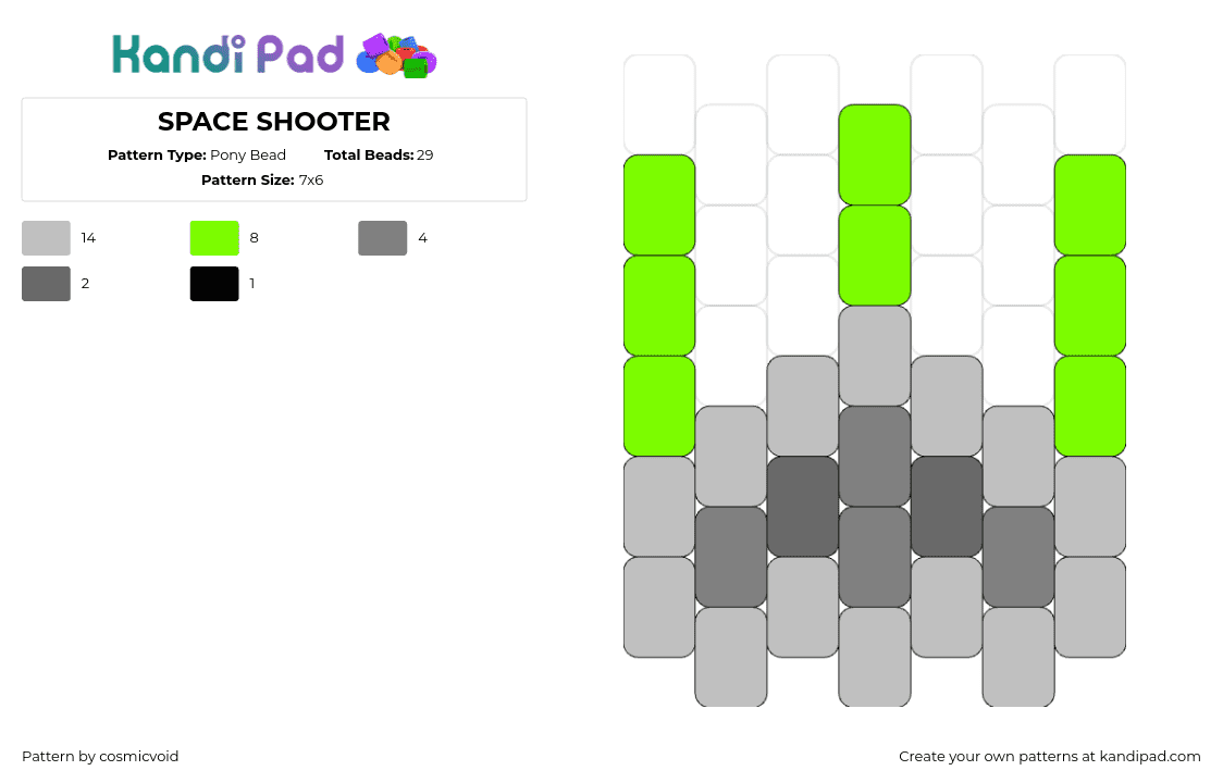 SPACE SHOOTER - Pony Bead Pattern by cosmicvoid on Kandi Pad - space invaders,arcade,retro,video game,charm,simple,gray,green