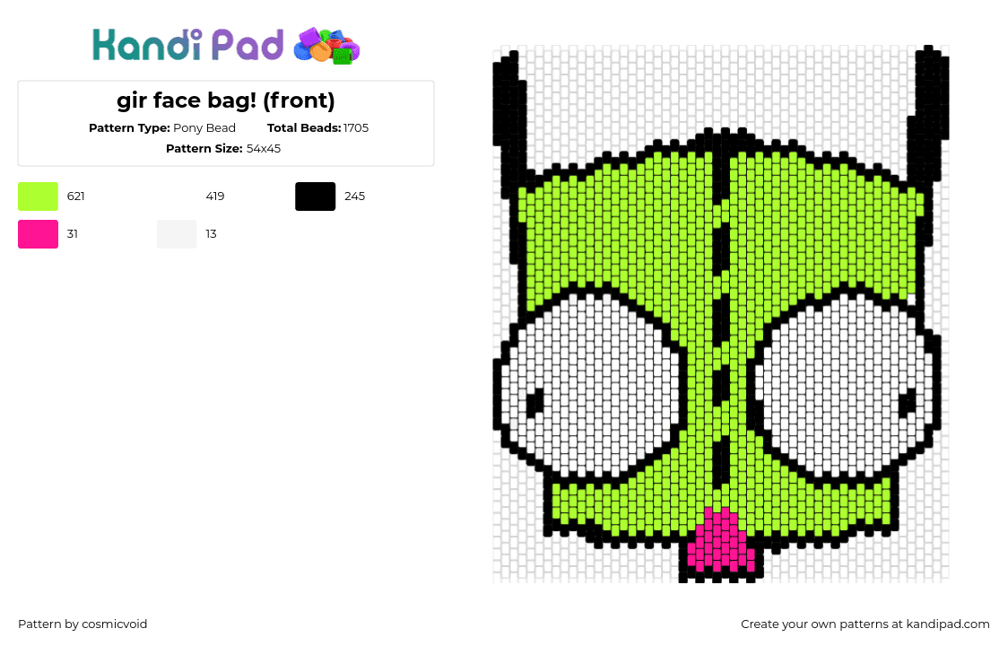 gir face bag! (front) - Pony Bead Pattern by cosmicvoid on Kandi Pad - gir,invader zim,character,face,eyes,derpy,tongue,dog,costume,panel,bag,cartoon,tv show,green,white