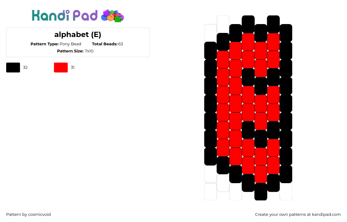 alphabet (E) - Pony Bead Pattern by cosmicvoid on Kandi Pad - e,alphabet,text,letter,charm,simple,red,black