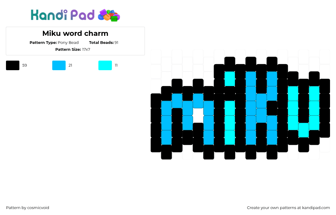 Miku word charm - Pony Bead Pattern by cosmicvoid on Kandi Pad - miku,text,hatsune miku,vocaloid,charm,light blue,black