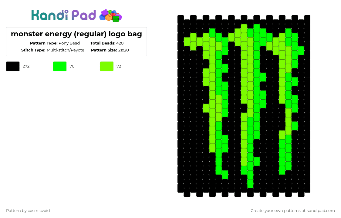 monster energy (regular) logo bag - Pony Bead Pattern by cosmicvoid on Kandi Pad - green,black