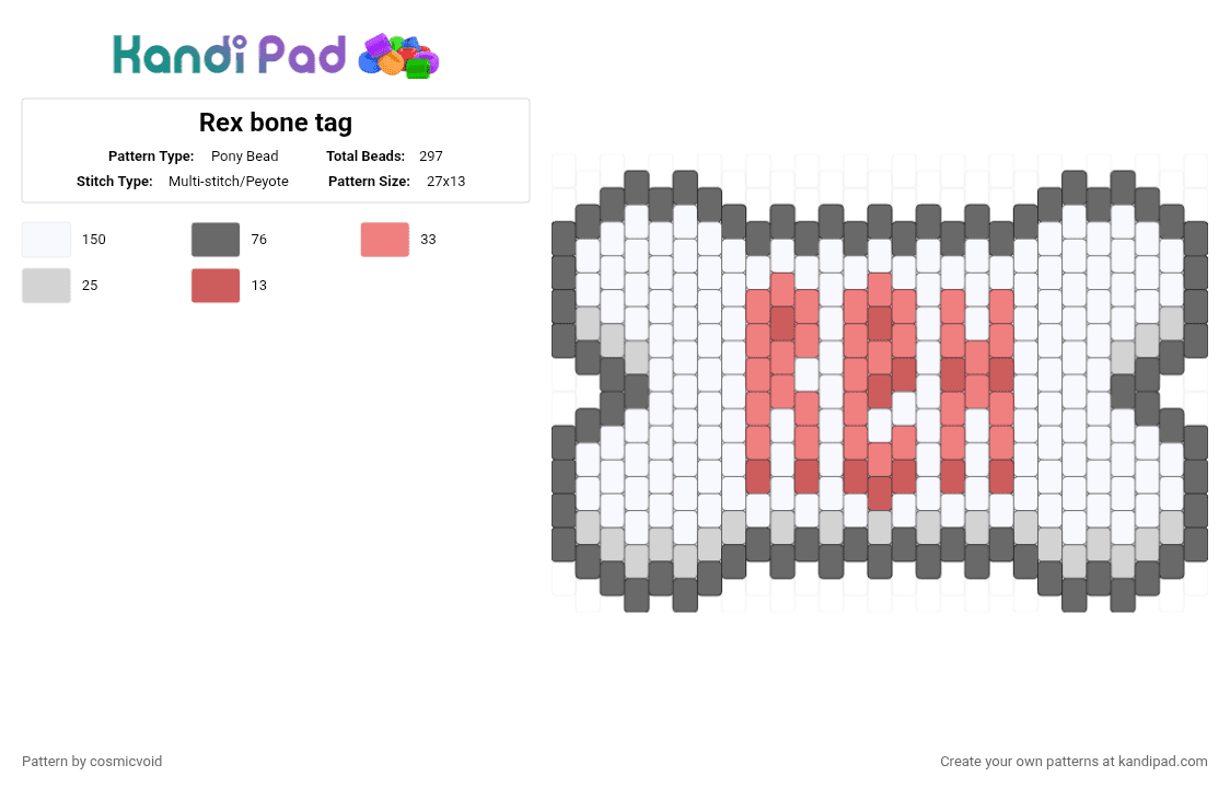 Rex bone tag - Pony Bead Pattern by cosmicvoid on Kandi Pad - white,red,gray,panel,tag,text,text tag
