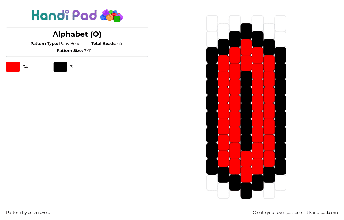 Alphabet (O) - Pony Bead Pattern by cosmicvoid on Kandi Pad - alphabet,letter,charm,text,red,black