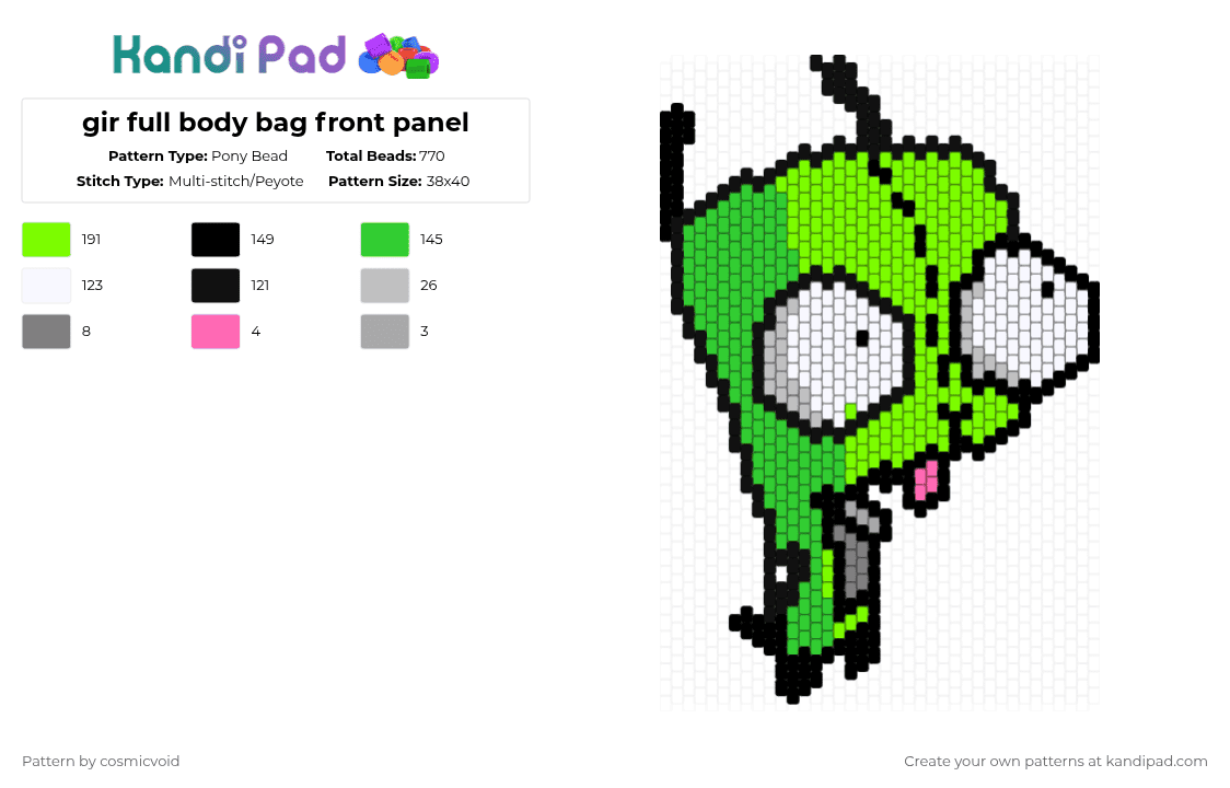 gir full body bag front panel - Pony Bead Pattern by cosmicvoid on Kandi Pad - green
