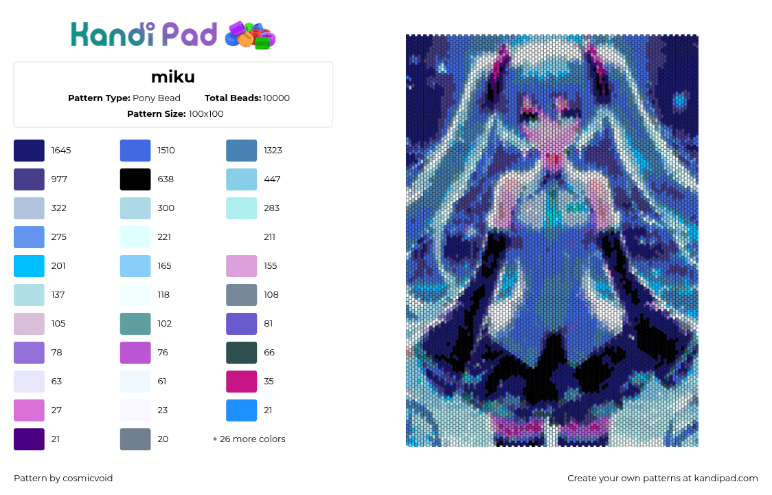 miku - Pony Bead Pattern by cosmicvoid on Kandi Pad - hatsune miku,vocaloid,poster,music,panel,teal,blue