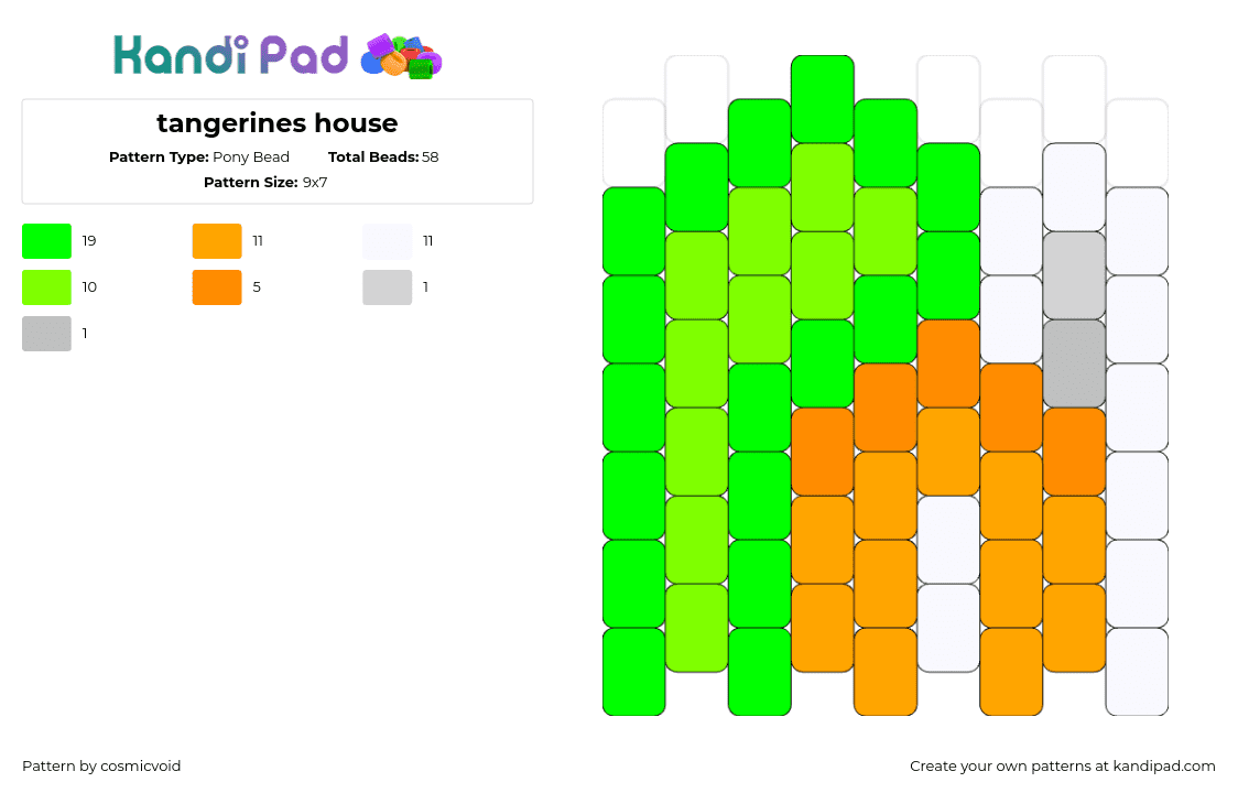 tangerines house - Pony Bead Pattern by cosmicvoid on Kandi Pad - house,sakuras toy box,tangerine,charm,green,orange,white