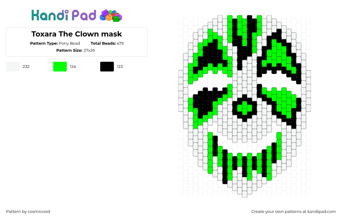 Toxara The Clown mask - Pony Bead Pattern by cosmicvoid on Kandi Pad - white,green