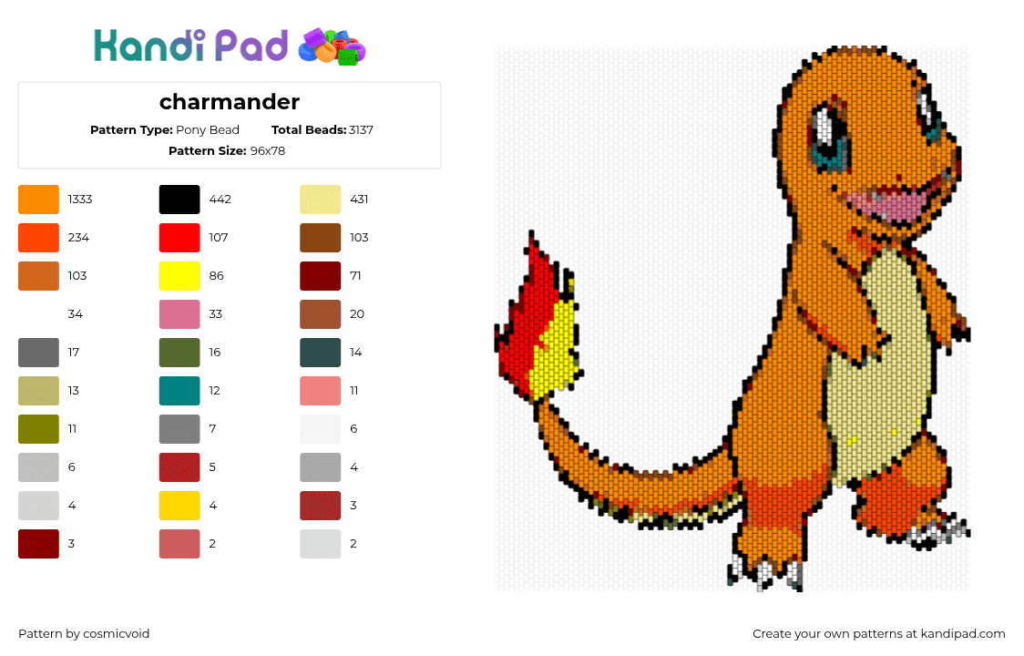 charmander - Pony Bead Pattern by cosmicvoid on Kandi Pad - charmander,pokemon,starter,gaming,character,orange