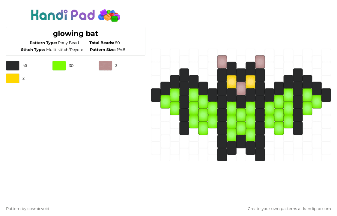 glowing bat - Pony Bead Pattern by cosmicvoid on Kandi Pad - bat,animal,creature,dark,night,halloween,spooky,black,green