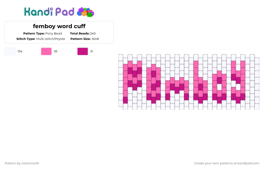 femboy word cuff - Pony Bead Pattern by cosmicvoid on Kandi Pad - pink,white,word,femboy