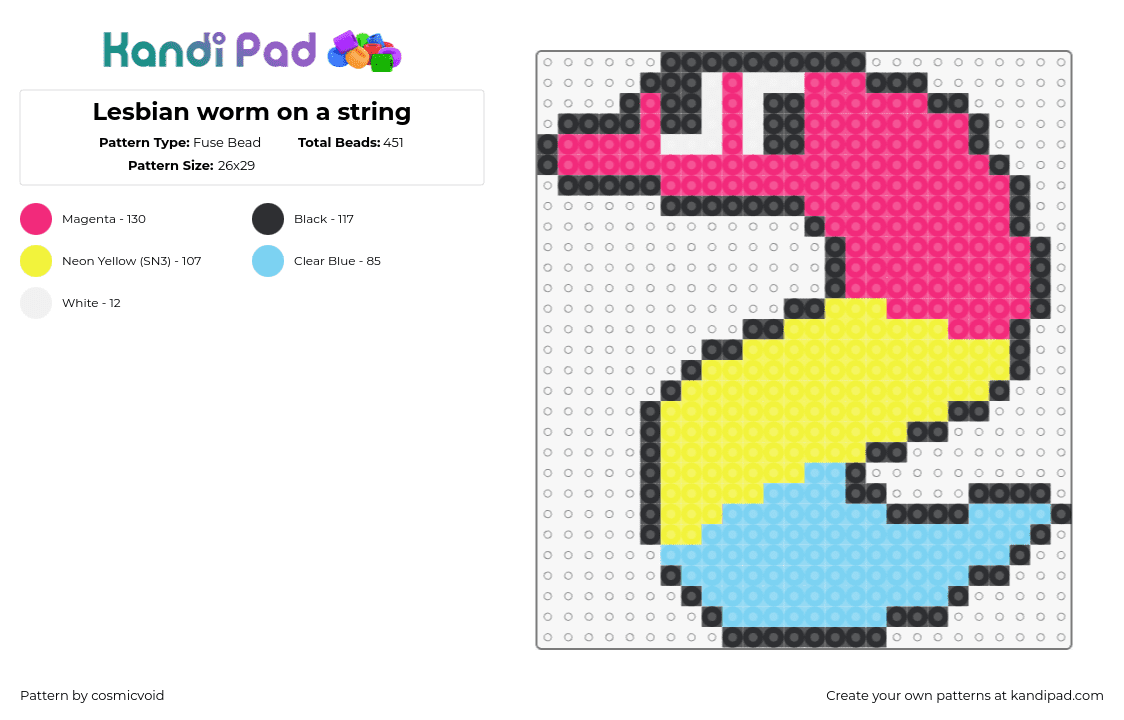 pansexual worm on a string - Fuse Bead Pattern by cosmicvoid on Kandi Pad - squirmle,pansexual,worm,pride,pink,yellow,light blue