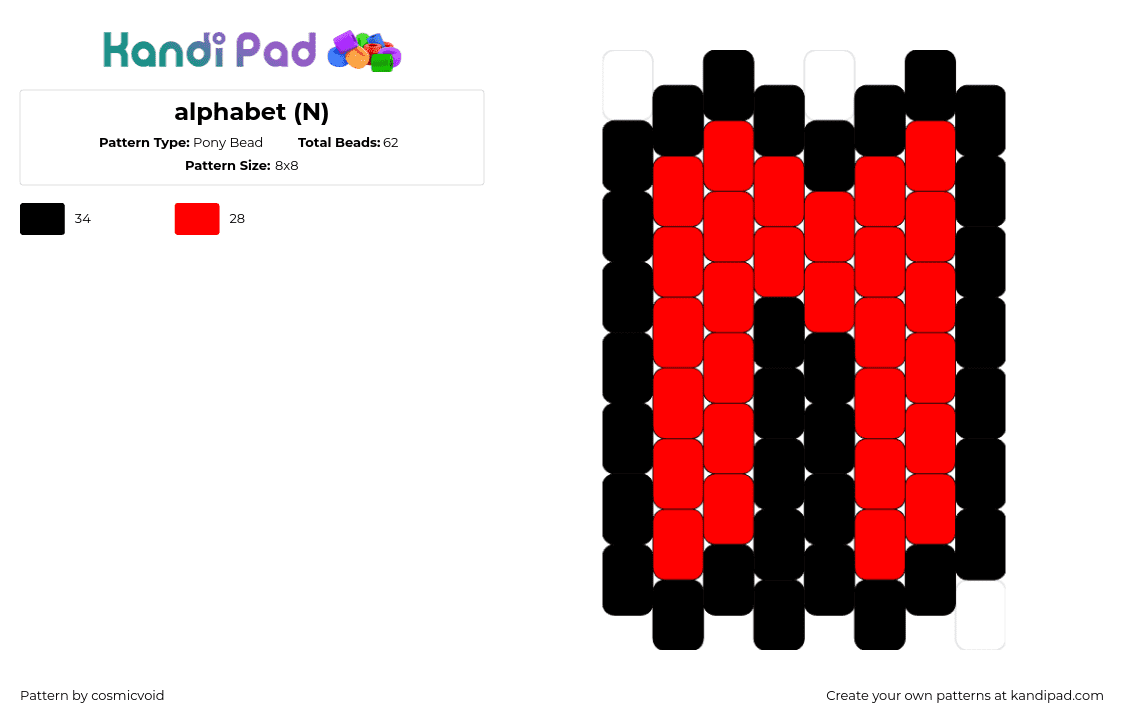 alphabet (N) - Pony Bead Pattern by cosmicvoid on Kandi Pad - n,alphabet,text,letter,charm,simple,red,black