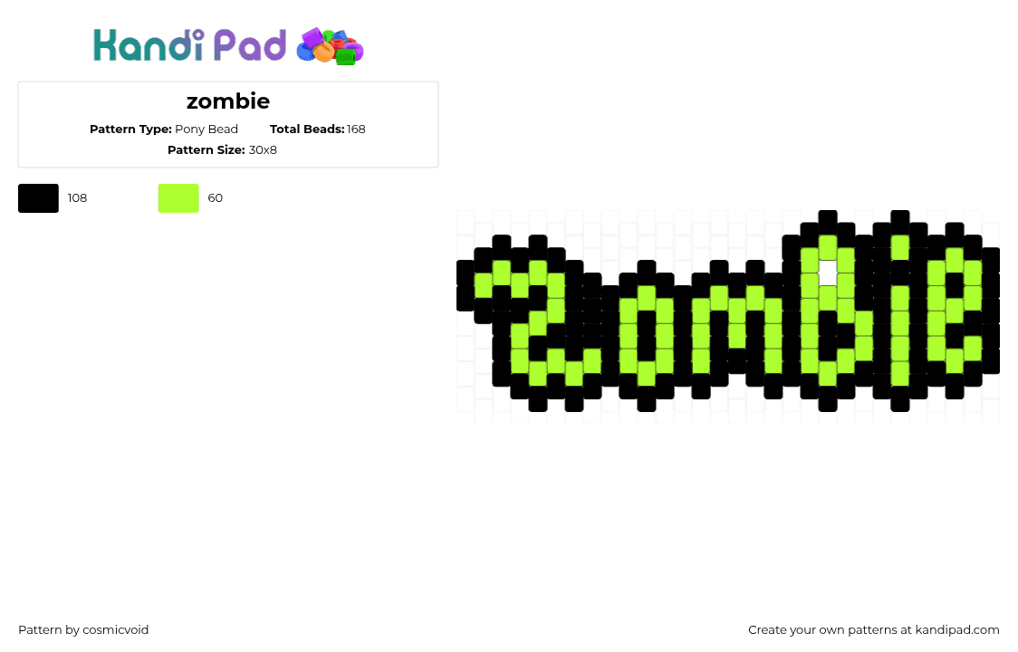 zombie - Pony Bead Pattern by cosmicvoid on Kandi Pad - zombie,text,halloween,charm,green,black