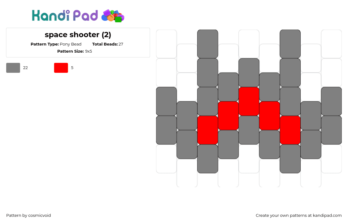 space shooter (2) - Pony Bead Pattern by cosmicvoid on Kandi Pad - space invaders,arcade,retro,video game,charm,simple,gray,red