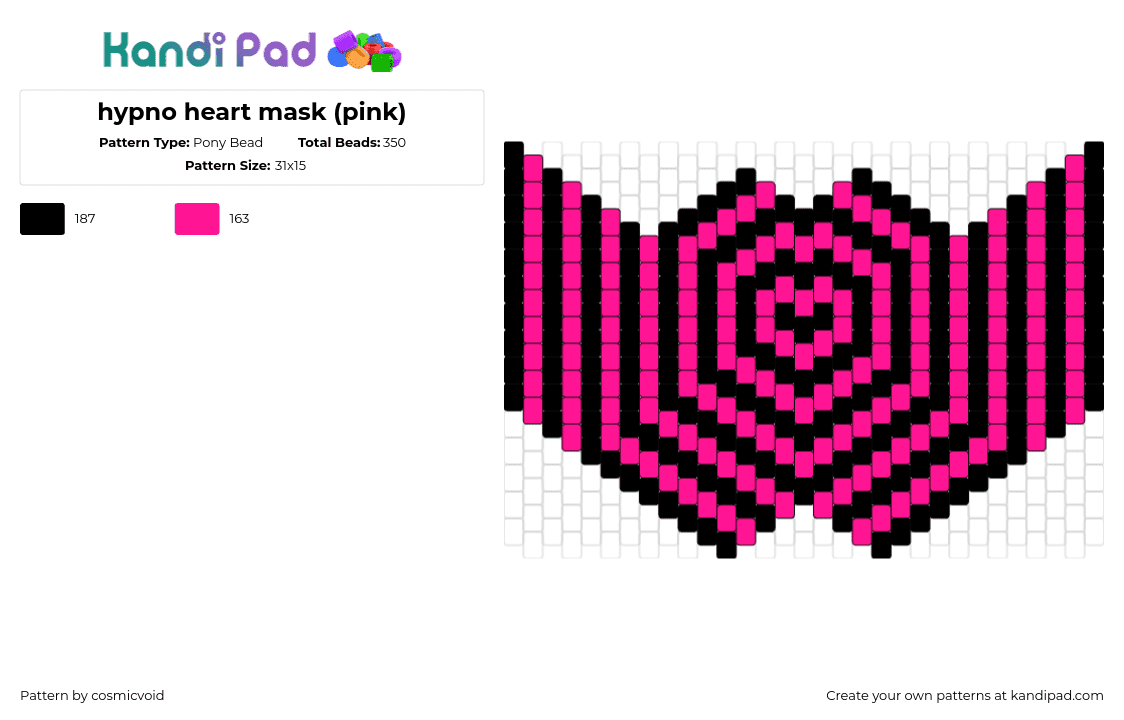 hypno heart mask (pink) - Pony Bead Pattern by cosmicvoid on Kandi Pad - hypnotic,neon,heart,mask,trippy,black,pink