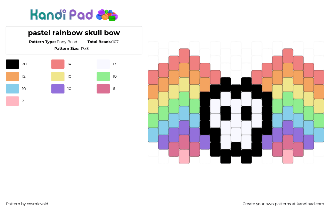 pastel rainbow skull bow - Pony Bead Pattern by cosmicvoid on Kandi Pad - orange,teal,purple,colorful