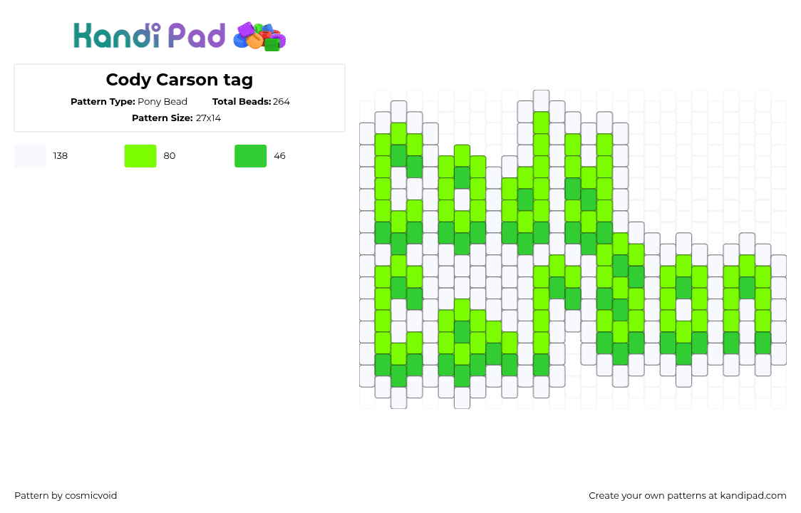Cody Carson tag - Pony Bead Pattern by cosmicvoid on Kandi Pad - green,white