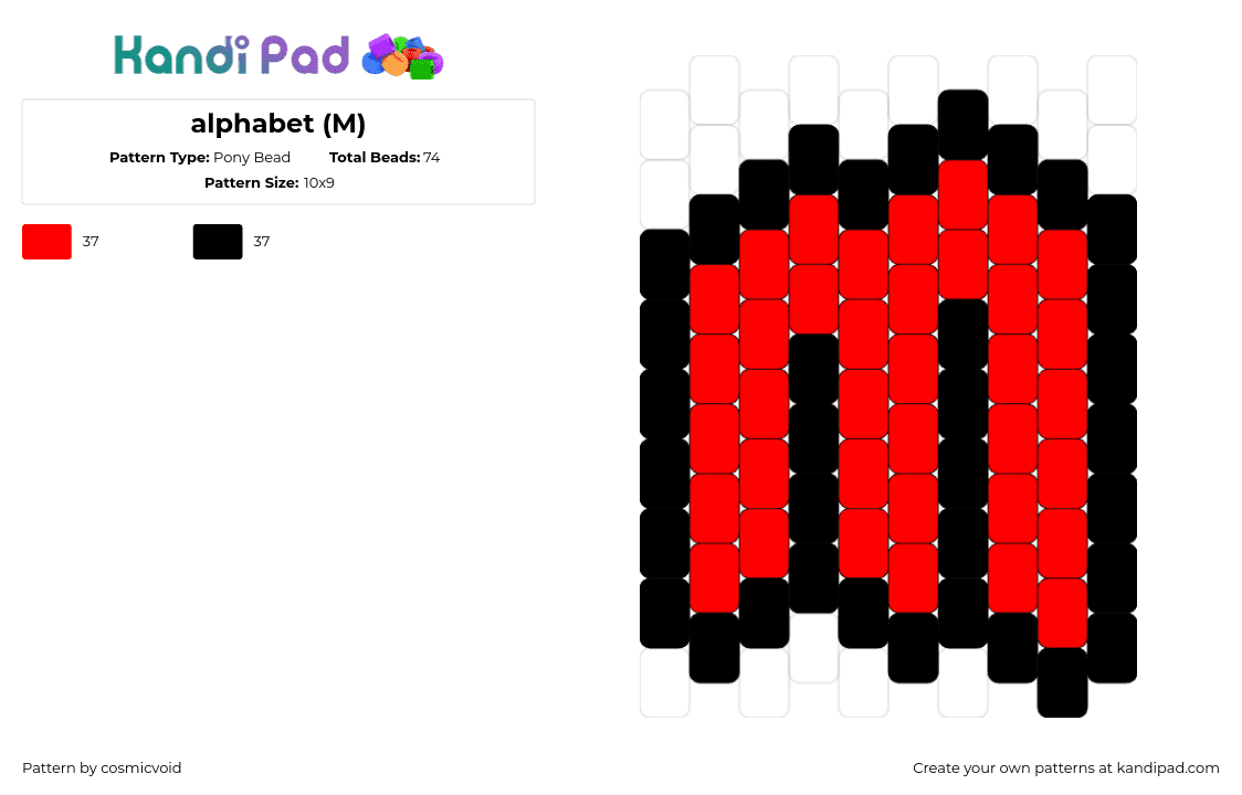 alphabet (M) - Pony Bead Pattern by cosmicvoid on Kandi Pad - m,alphabet,text,letter,charm,simple,red,black