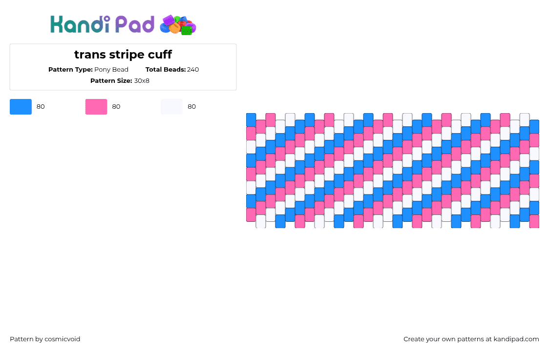 trans stripe cuff - Pony Bead Pattern by cosmicvoid on Kandi Pad - trans,pride,diagonal,stripes,cuff,pink,blue,white