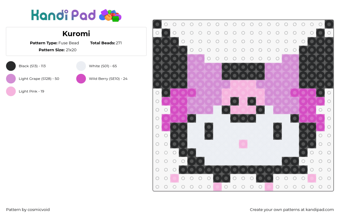 kuromi - Fuse Bead Pattern by cosmicvoid on Kandi Pad - kuromi,sanrio,kawaii,character,head,pink,black,white