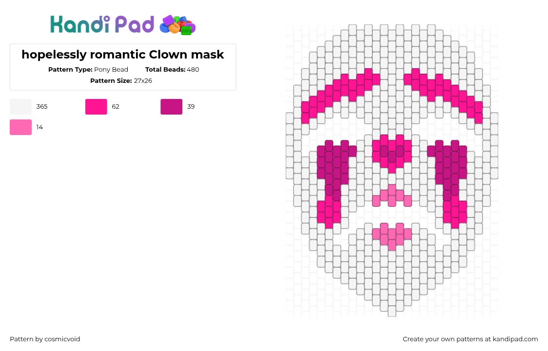 hopelessly romantic Clown mask - Pony Bead Pattern by cosmicvoid on Kandi Pad - white