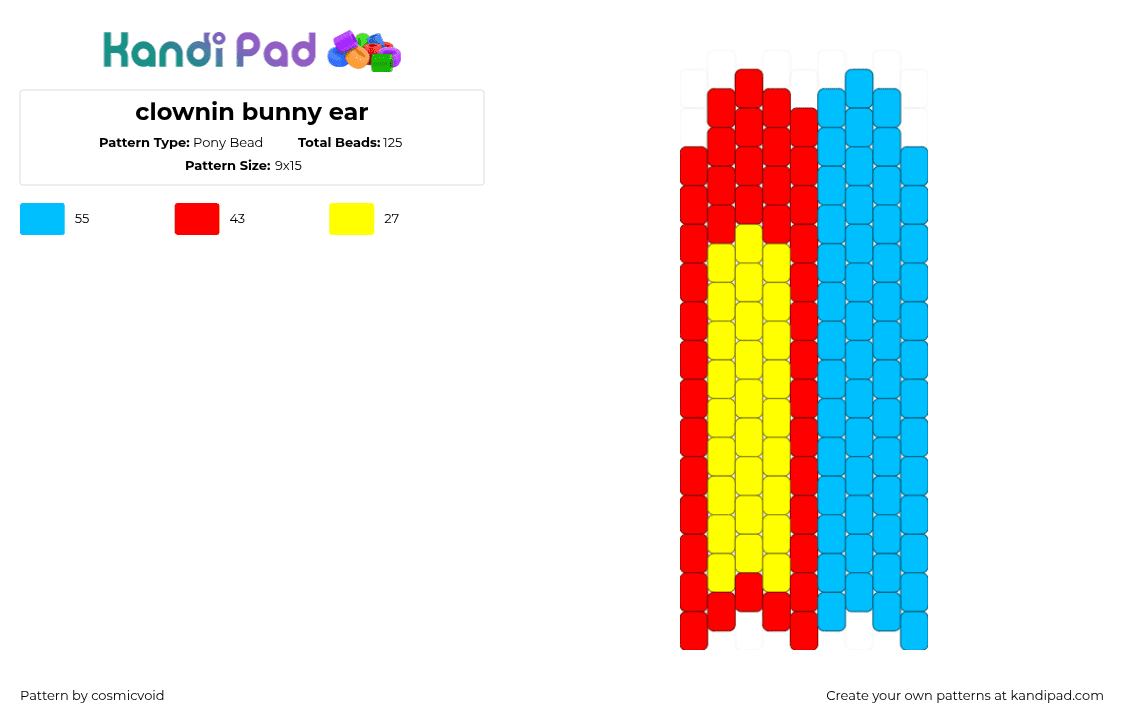 clownin bunny ear - Pony Bead Pattern by cosmicvoid on Kandi Pad - red,light blue
