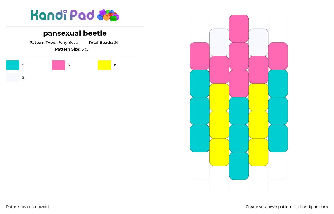 pansexual beetle - Pony Bead Pattern by cosmicvoid on Kandi Pad - pansexual,beetle,pride,simple,charm,teal,yellow,pink