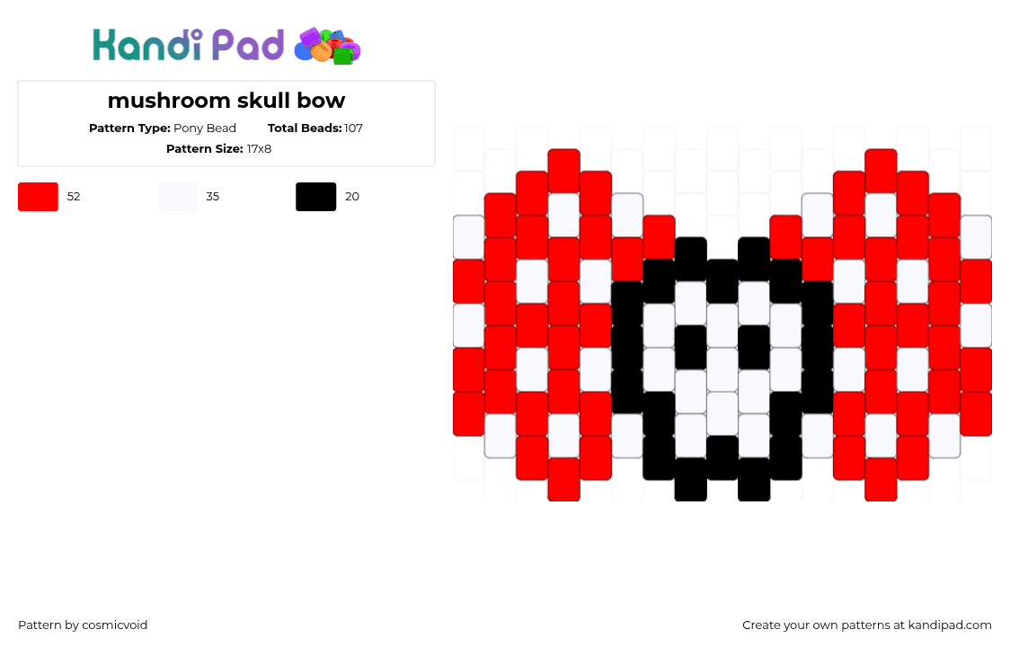 mushroom skull bow - Pony Bead Pattern by cosmicvoid on Kandi Pad - white,red
