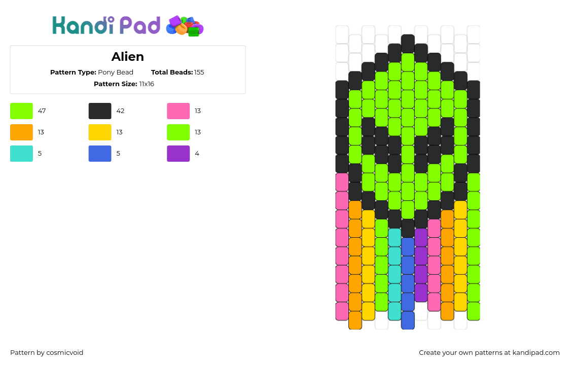 Alien - Pony Bead Pattern by cosmicvoid on Kandi Pad - alien,pastel,rainbow,extraterrestrial,colorful,green,pink