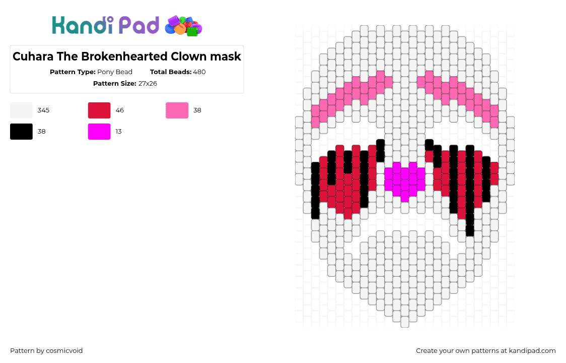 Cuhara The Brokenhearted Clown mask - Pony Bead Pattern by cosmicvoid on Kandi Pad - 