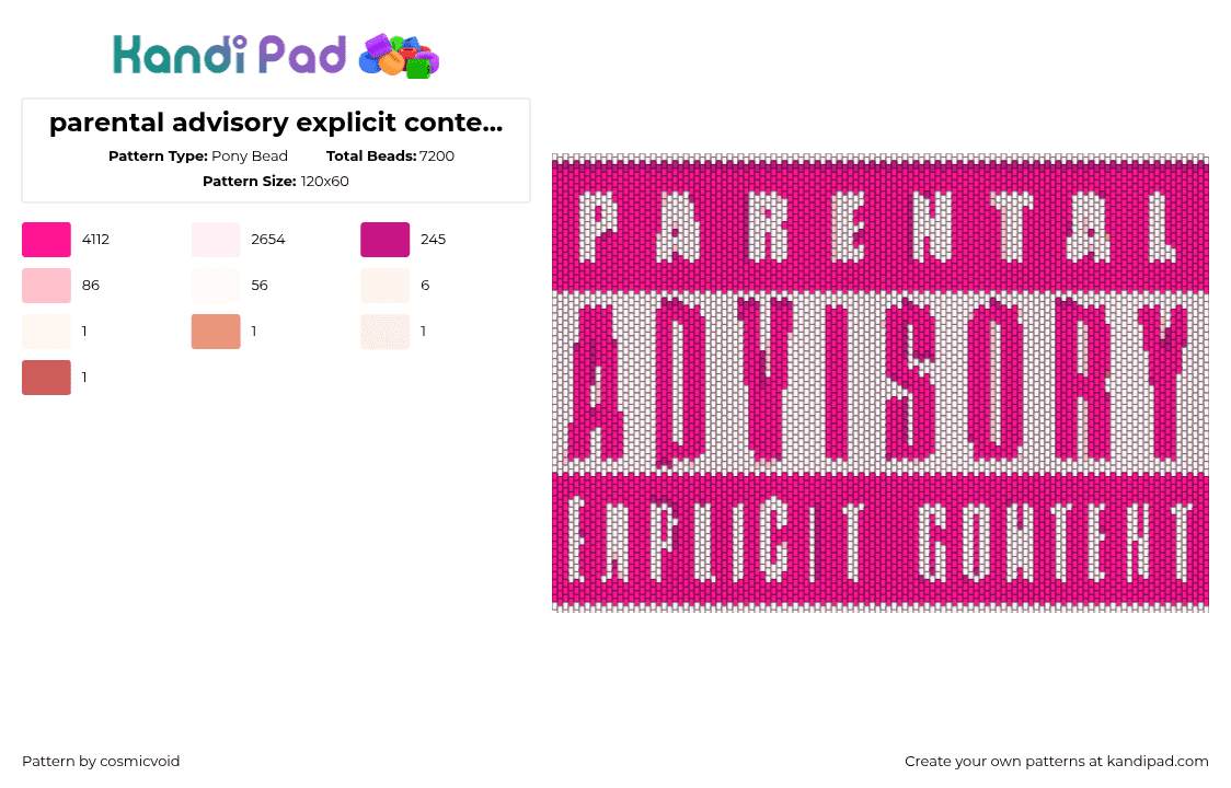 parental advisory explicit content (pink) - Pony Bead Pattern by cosmicvoid on Kandi Pad - pink