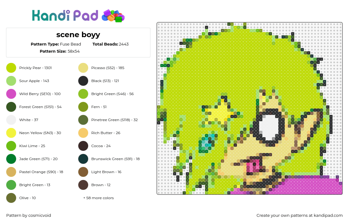 scene boyy - Fuse Bead Pattern by cosmicvoid on Kandi Pad - scene,emo,character,green