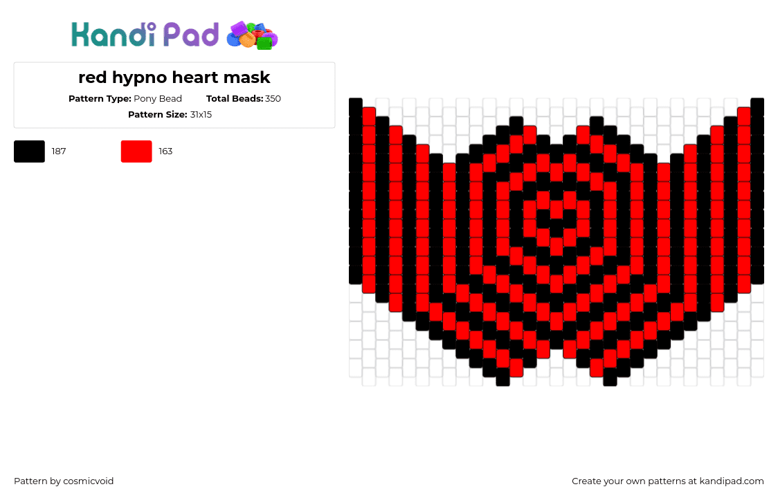 red hypno heart mask - Pony Bead Pattern by cosmicvoid on Kandi Pad - hypnotic,heart,mask,trippy,black,red