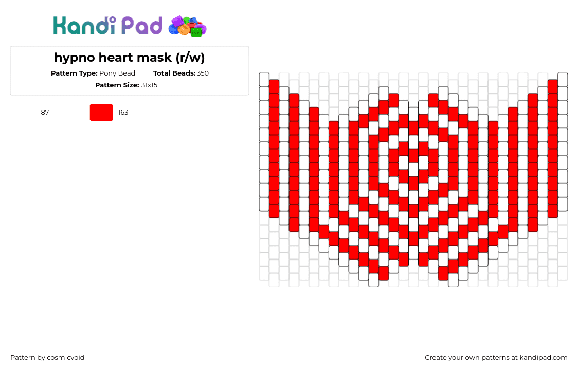 hypno heart mask (r/w) - Pony Bead Pattern by cosmicvoid on Kandi Pad - hypnotic,heart,stripes,mask,trippy,white,red